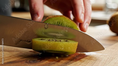 Close-up of hand slicing kiwi fruit with a sharp knife on wooden cutting board, showcasing the vibrant green flesh and black seeds in a kitchen setting