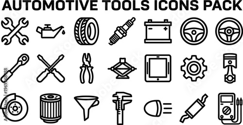 A comprehensive pack of essential outline automotive tools icons, perfect for vehicle maintenance, car repair, and diagnostic applications.