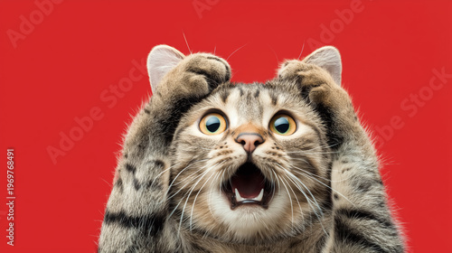 Surprised and Shocked Cat Face with Paws on Head on Red Background with Copy Space