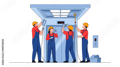 Elevator Maintenance Crew: A dedicated crew of skilled technicians meticulously inspects and repairs an elevator, ensuring safe and efficient vertical transport. 