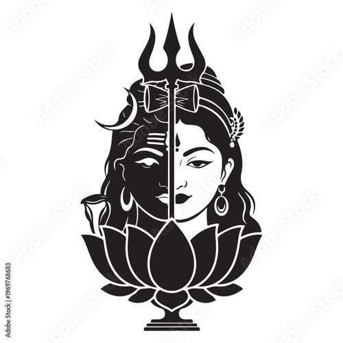 Hindu God Shiva and Shakti combined face, divine balance concept, minimalist black and white vector.