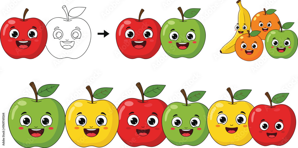 Obraz premium Cartoon Apple, Banana, and Orange Characters with Playful Faces in Various Colors for Fun Fruit Illustrations