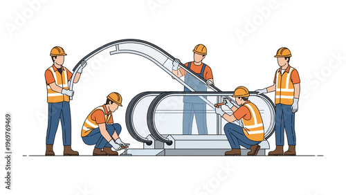 Construction Team Assembling Escalator: A team of construction workers is meticulously assembling an escalator, showcasing their expertise and precision in the field.