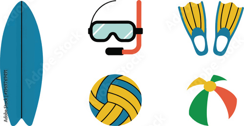 Assortment of flat design icons for water sports and beach activities, featuring a surfboard, snorkel gear, fins, volleyball, and a colorful beach ball, symbolizing active holidays.