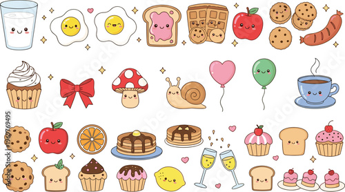 Kawaii Cute Food and Dessert Icons Set Featuring Cupcakes, Cookies, Pancakes, Apples, and More for Fun Illustrations
