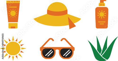 Collection of flat design icons representing summer vacation essentials including sunscreen, a hat, sunglasses, and aloe vera, suggesting sun protection and outdoor recreation.