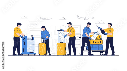 Airport Logistics: A depiction of airport workers efficiently managing luggage and equipment, symbolizing seamless travel processes. 