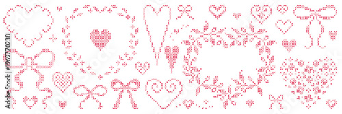 Red cross-stitch frames, hearts and bows. Oval, round shapes with vintage embroidery elements. Retro hand made covers for branding, scrapbooking and social media.