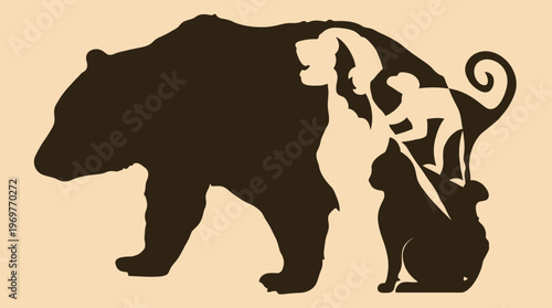 Creative silhouette art featuring a bear containing nested figures of a monkey, a cat, and a human head, on a light background.