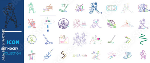 Canvas Print Ice hockey icon set collection, professional hockey player line art illustration