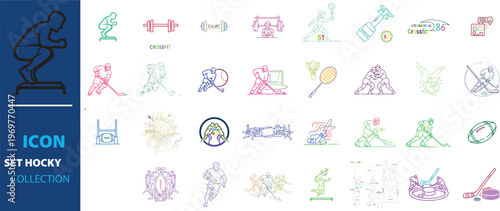 Hockey icon set collection, colorful line art sports icons, professional ice hockey and field hockey vector elements for athletic branding