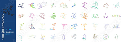 Snowboarding icon collection with 40 colorful outline vector elements, winter sports athlete symbols, extreme snowboarding trick illustrations