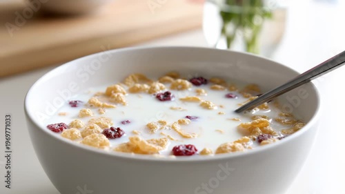 Close-up view of cereal bowl filled with cornflakes and cranberries as milk is poured in, spoon stirring the mixture, kitchen countertop in the background