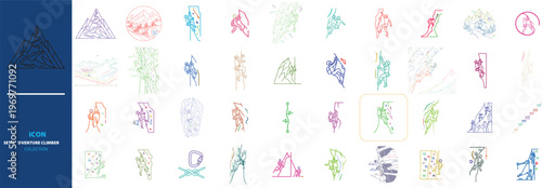 Minimalist rock climbing icons set, 40 colorful line art mountaineering elements, outdoor bouldering and hiking vector graphics for adventure sports