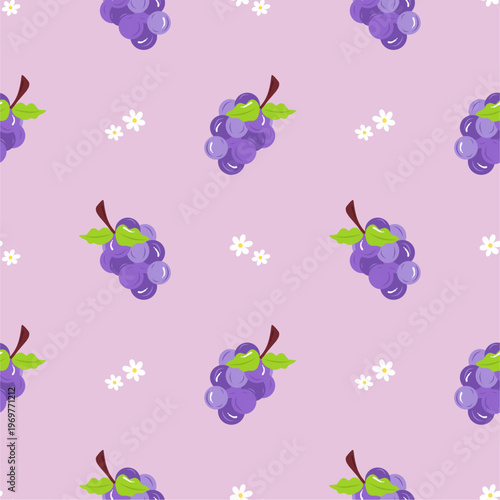 Grape seamless pattern with flower and leaves decoration. Fruit vector illustration. Can be used for wallpaper, paper wrapping, decoration and fashin fabric