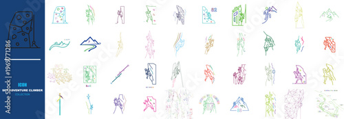 Minimalist mountain climber icons set, 40 colorful vector line art elements of rock climbing and bouldering, outdoor adventure sports graphics