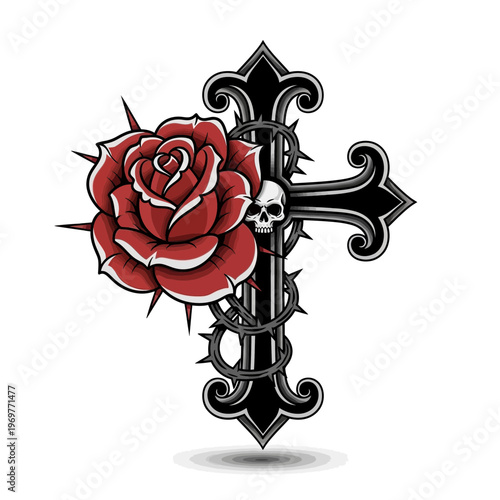 Gothic Cross with Red Rose, Skull, and Thorns