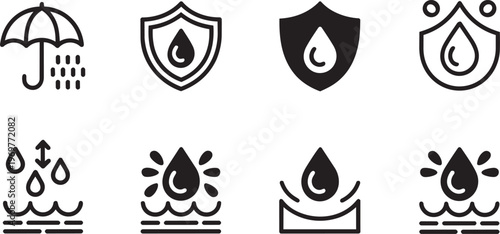 Waterproof icon set. Containing water resistant, water protection, hydrophobic fabric and more. Vector illustration.