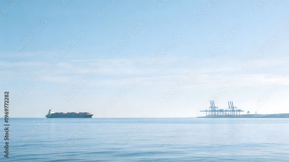 Obraz premium Ship sailing near port with cranes