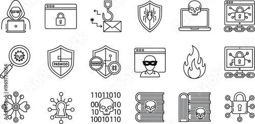 Cybersecurity and data protection icons set with hacker, malware, encryption, firewall and secure network symbols isolated on white background for internet safety and cyber defense concepts