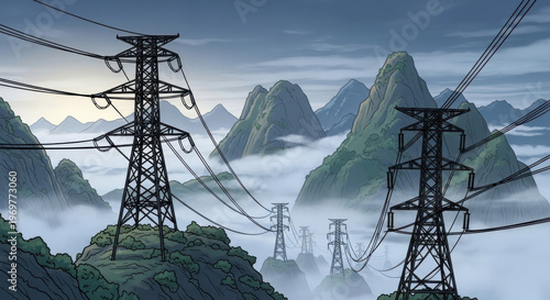 A high voltage transmission line with steel pylons carries electrical energy across a vast mountain landscape under a blue sky with clouds, showcasing industrial power technology in nature