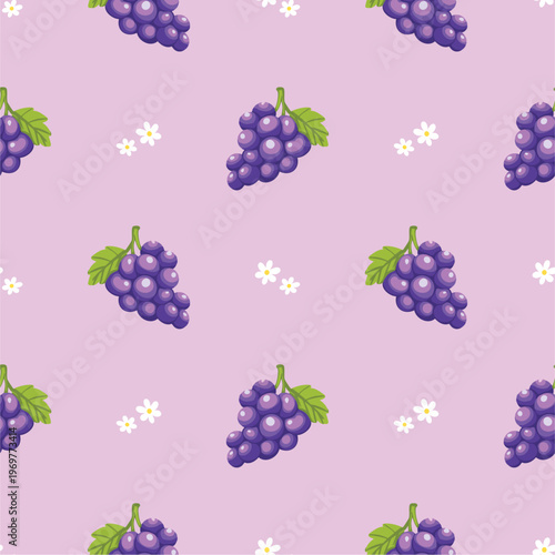 Grape seamless pattern with flower and leaves decoration. Fruit vector illustration. Can be used for wallpaper, paper wrapping, decoration and fashin fabric
