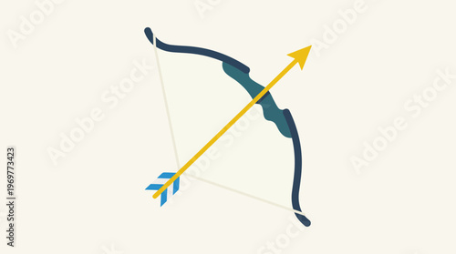 A classic blue recurve bow with a yellow arrow ready to shoot isolated on a plain background.