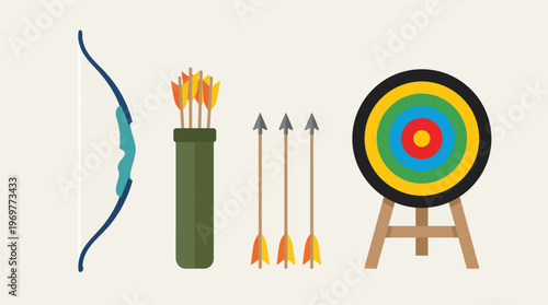 A complete set of archery equipment including a bow arrows quiver and a colorful target.