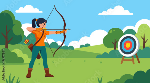 A focused female archer drawing her bow and aiming an arrow.