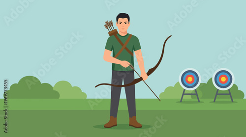 A skilled male archer character holding a recurve bow and an arrow ready for practice.