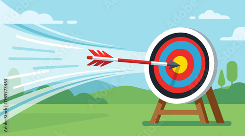 An arrow successfully hitting the center bullseye of an archery target.