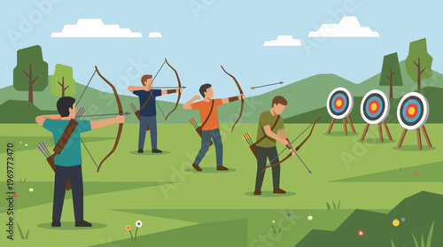 A group of men practicing the sport of archery with bows and arrows.