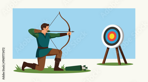 Archer Carefully Aims Arrow at Target Ready to Compete in Archery.