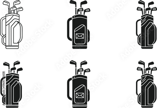 Golf bag and clubs icons set with golf equipment, sport accessories and player gear symbols isolated on white background for golfing and leisure concepts