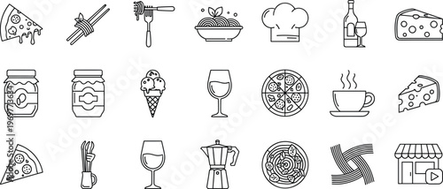 Food and restaurant icons set with pizza, pasta, coffee, wine, cheese and kitchen symbols isolated on white background for menu, dining and culinary concepts