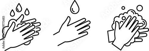 Hand washing and hygiene icons set with soap, water drops and cleaning symbols isolated on white background for sanitation, health and personal hygiene concepts