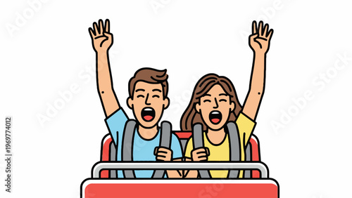 Happy couple riding a roller coaster with raised hands