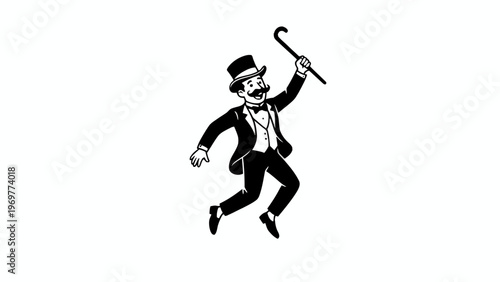 Gentleman jumping with top hat and walking cane in tuxedo