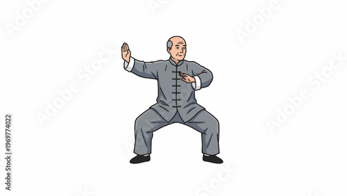 Tai Chi Master Performing Martial Arts Pose in Traditional Uniform