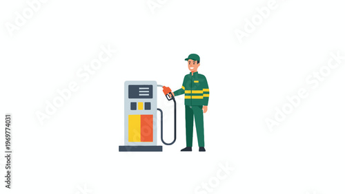 Gas station attendant holding fuel nozzle vector illustration