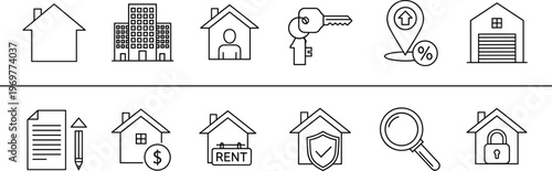 Real estate and property icons set with house, rent, mortgage, key, location and security symbols isolated on white background for housing and investment concepts