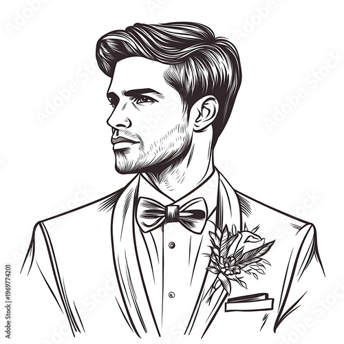 Elegant Groom Wedding Outline Vector Illustration