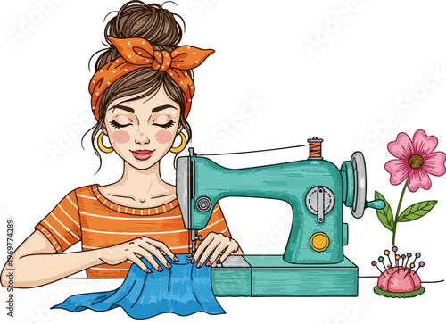 Vintage seamstress woman using retro sewing machine, professional tailor working on blue fabric, creative dressmaker with pincushion and flower