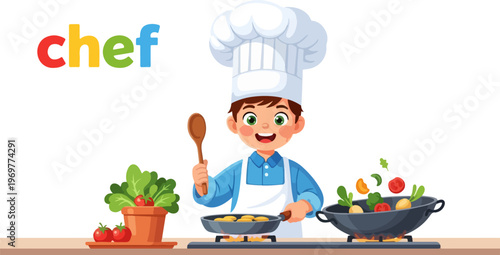 Cartoon boy chef cooking in kitchen, cute child character wearing white toque and apron, little cook frying vegetables in pans on stove vector