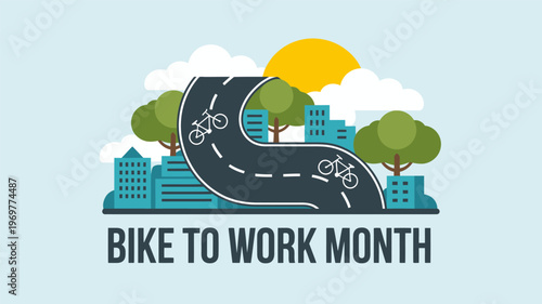 Bike to Work Month concept banner with city landscape and winding road