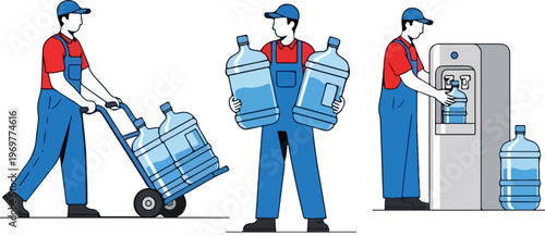 Professional water delivery service set, courier carrying large plastic bottles, delivery man with hand truck and office water cooler dispenser