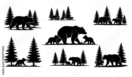 Wild bear family silhouettes forest scene pine trees nature vector isolated on white