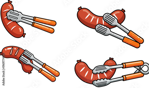 Grilled sausage with metal tongs vector set, cartoon bratwurst frankfurter icons, barbecue food elements for menu design and summer cookout
