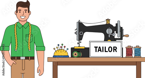Professional male tailor standing by sewing machine, seamstress workshop with dressmaker tools, flat vector illustration of garment manufacturing