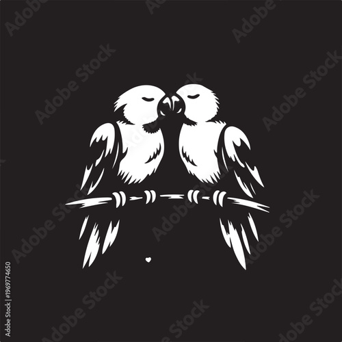 Romantic parrots lovebirds sitting on a branch and kissing for valentine day nature animal wildlife theme vector graphic illustration